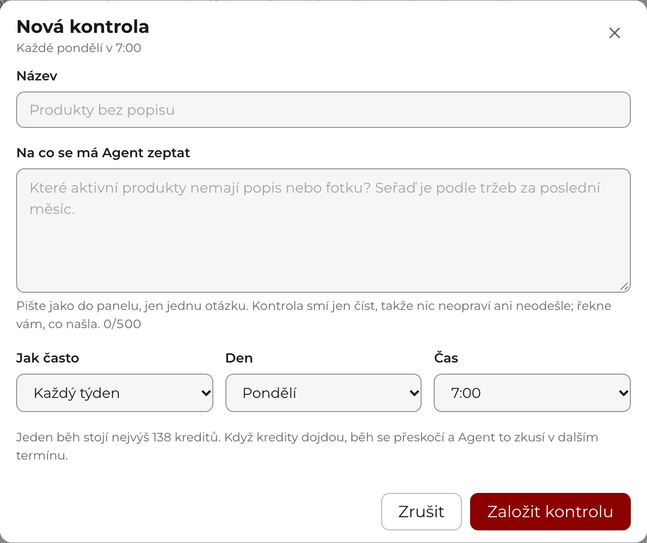 Okno Nová kontrola: název, otázka pro Agenta a termín (jak často, den a čas) s cenou jednoho běhu.
