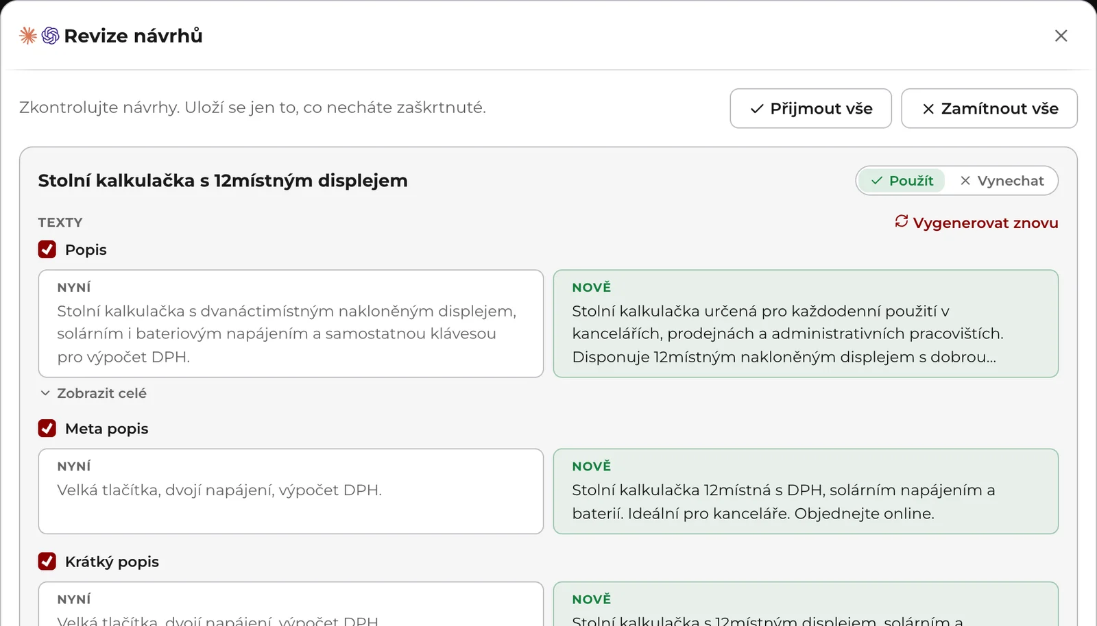 Průvodce AI produktů, obrazovka Revize návrhů: tlačítka Přijmout vše a Zamítnout vše a u každého produktu dosavadní text vedle nového návrhu se zaškrtávátkem.