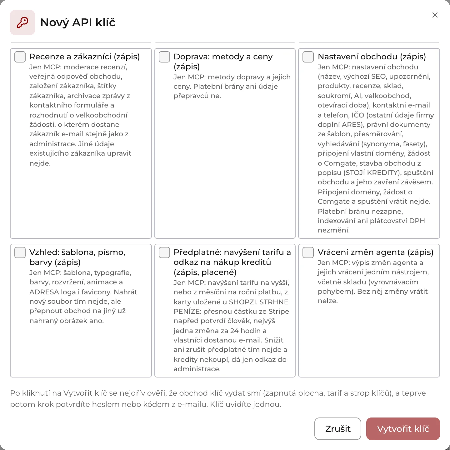 Okno Nový API klíč posunuté k zápisovým oprávněním (jen server MCP): zaškrtávátko Předplatné: navýšení tarifu a odkaz na nákup kreditů (zápis, placené) a dole tlačítka Zrušit a Vytvořit klíč.