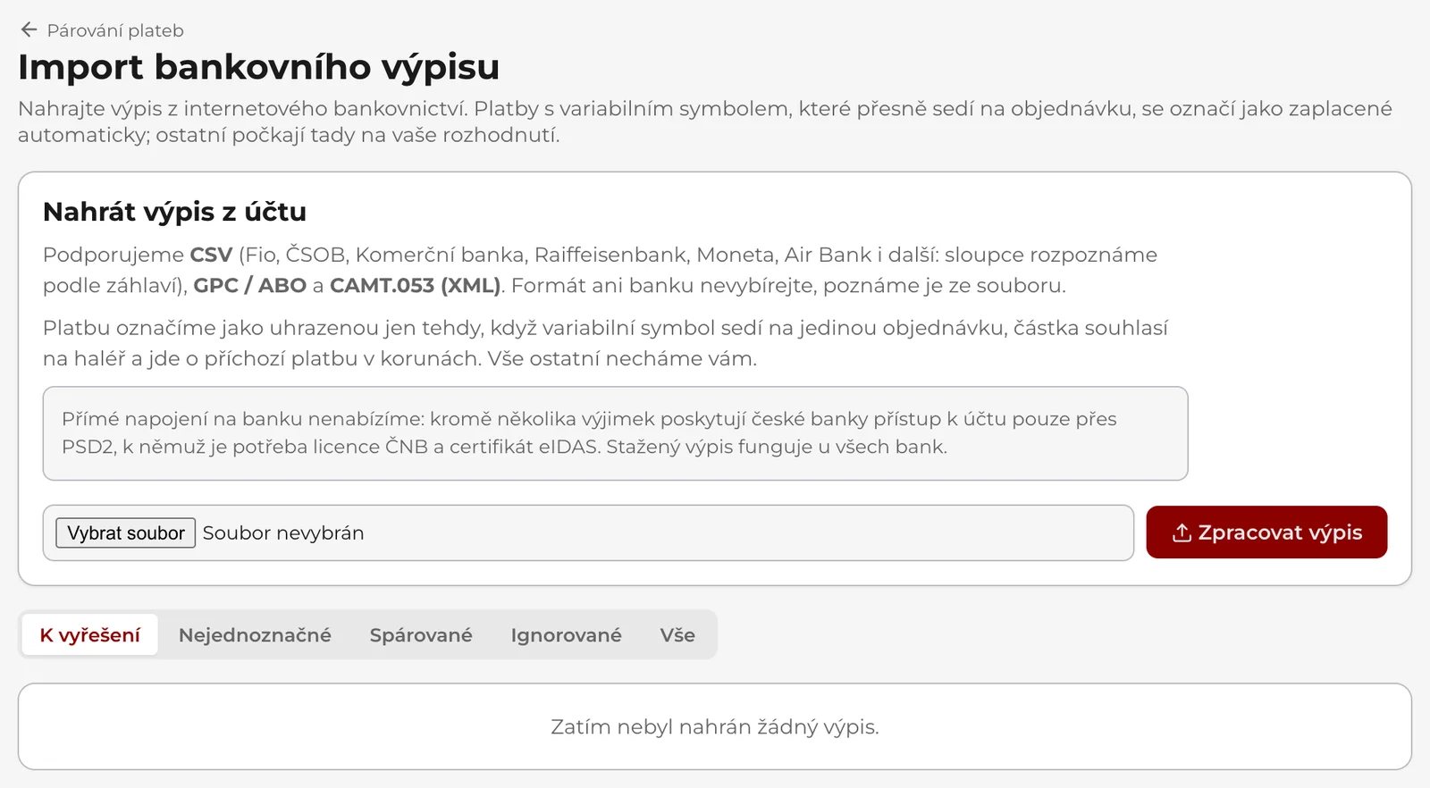 Import bankovního výpisu: karta Nahrát výpis z účtu s podporovanými formáty a pod ní přepínač K vyřešení, Nejednoznačné, Spárované, Ignorované a Vše.