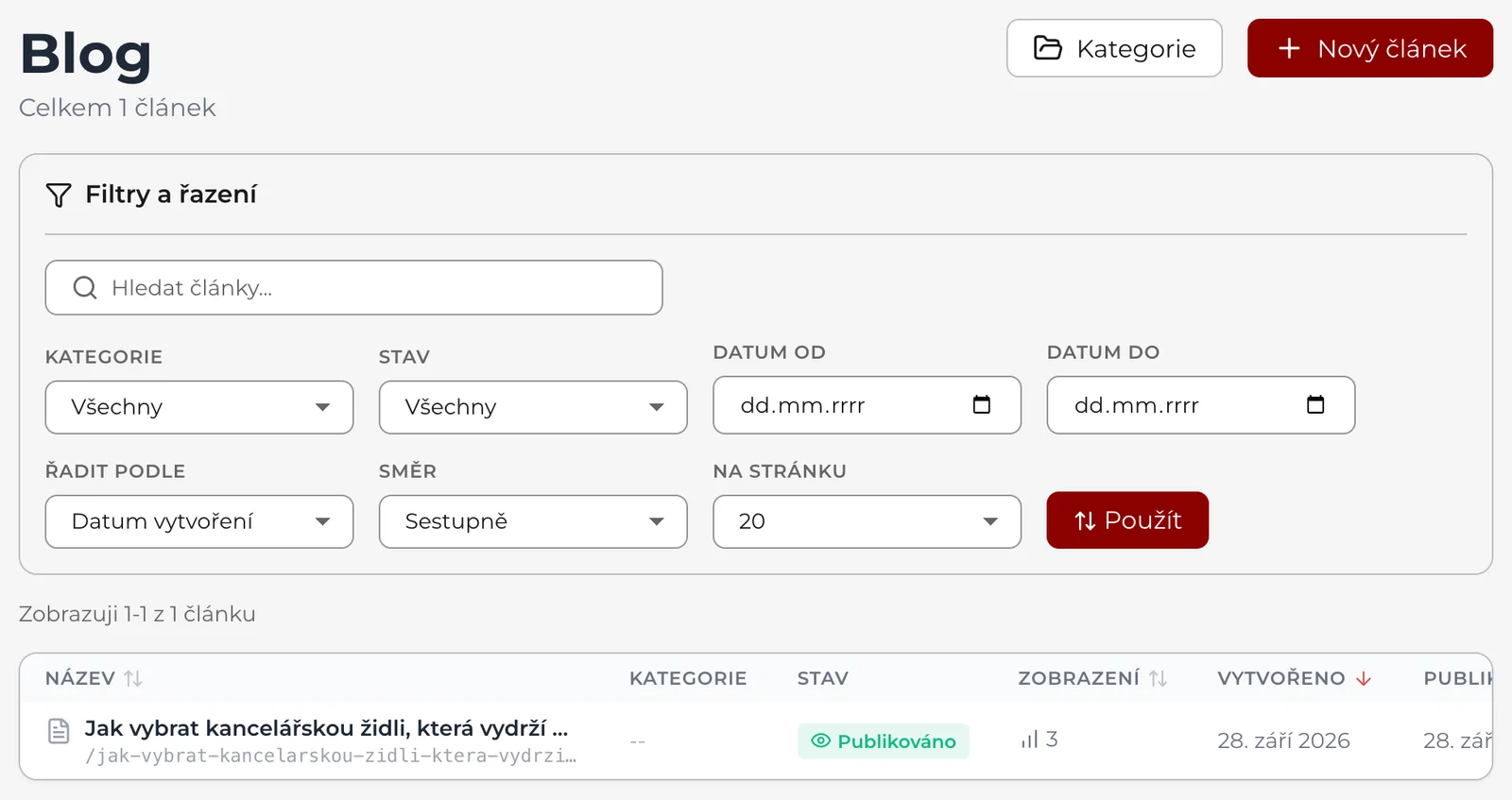Blog: tlačítka Kategorie a Nový článek, panel Filtry a řazení a seznam článků se stavem, počtem zobrazení a daty.