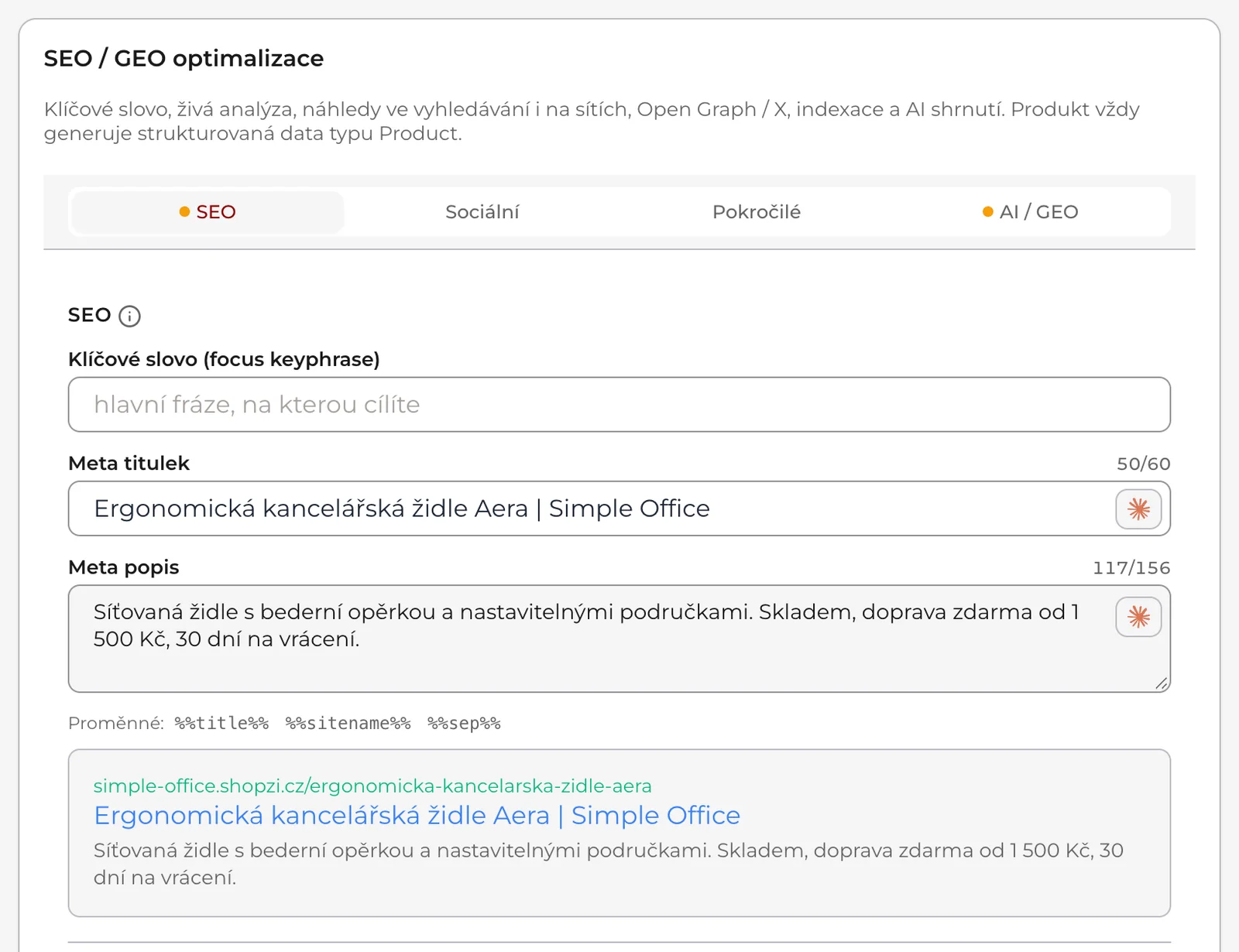 Záložka SEO / GEO: pod-záložky SEO, Sociální, Pokročilé a AI / GEO, klíčové slovo, meta titulek a popis, náhled ve vyhledávání a analýza SEO.