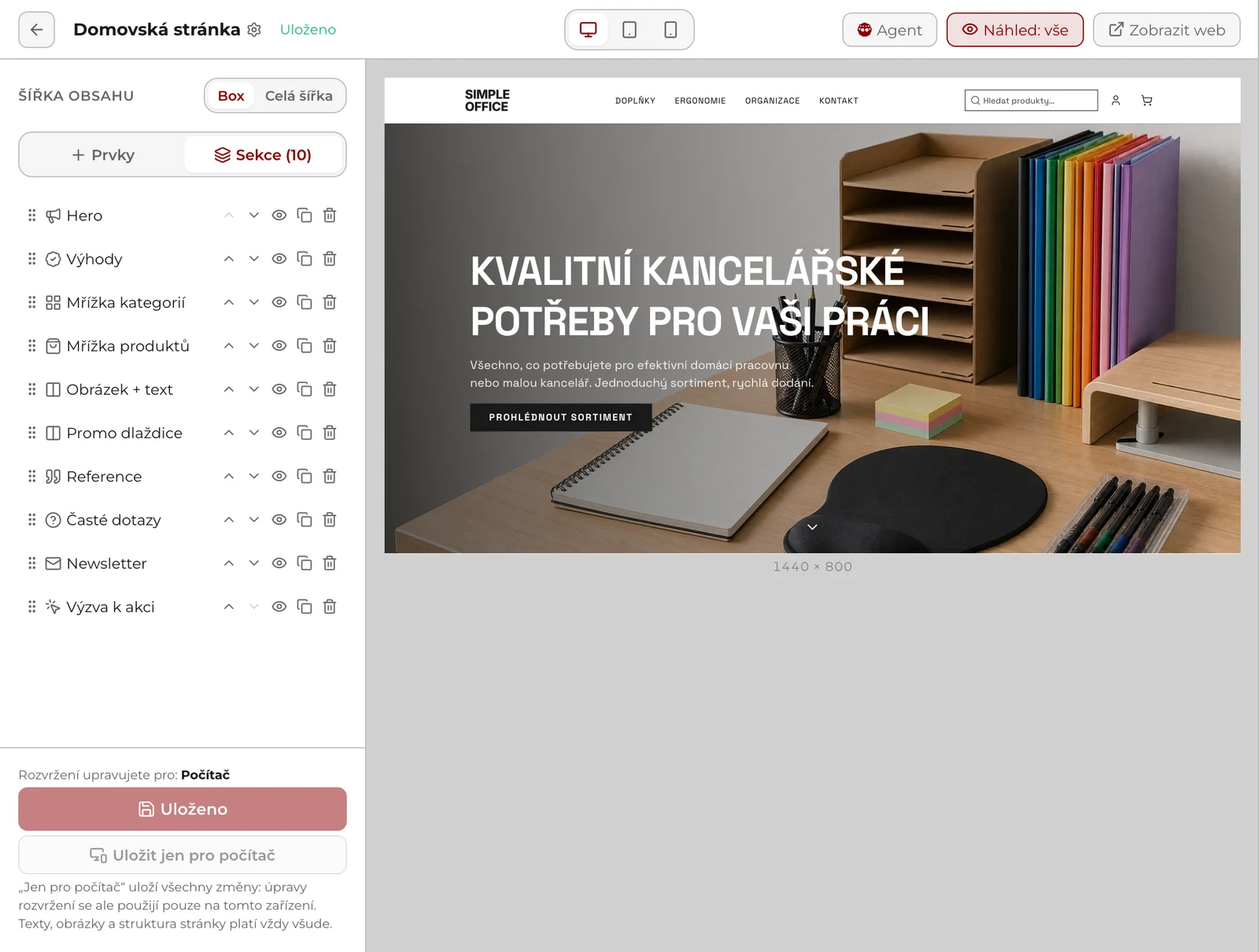 Editor úvodní stránky: horní lišta s přepínačem Počítač, Tablet a Mobil, tlačítky Agent a Zobrazit web, vlevo záložky Prvky a Sekce se seznamem bloků a ukládacími tlačítky, vpravo živý náhled.