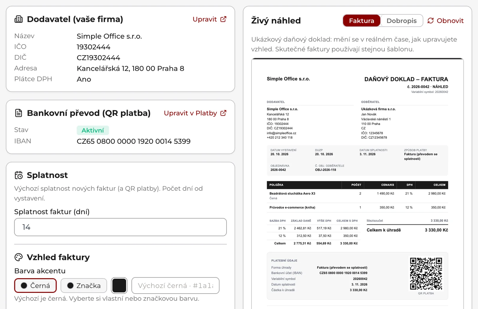 Design faktury: vlevo karty Dodavatel a Bankovní převod jen ke čtení a volby splatnosti a vzhledu, vpravo živý náhled faktury.