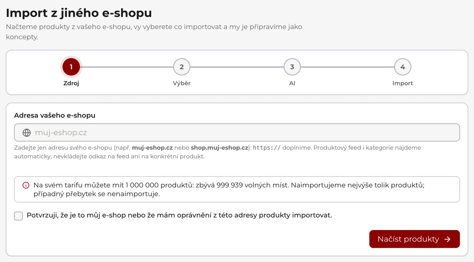 Import z jiného e-shopu, krok Zdroj: osa kroků Zdroj, Výběr, AI a Import, pole Adresa vašeho e-shopu, potvrzení oprávnění a tlačítko Načíst produkty.