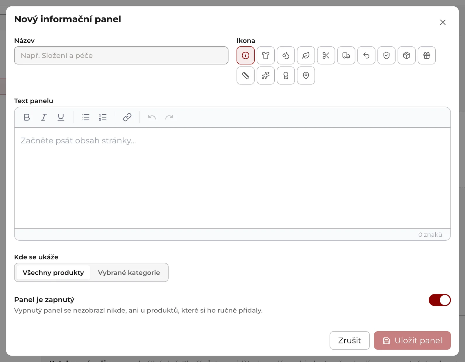 Okno Nový informační panel: název, výběr ikony, text panelu, volba Kde se ukáže (Všechny produkty nebo Vybrané kategorie) a přepínač Panel je zapnutý.