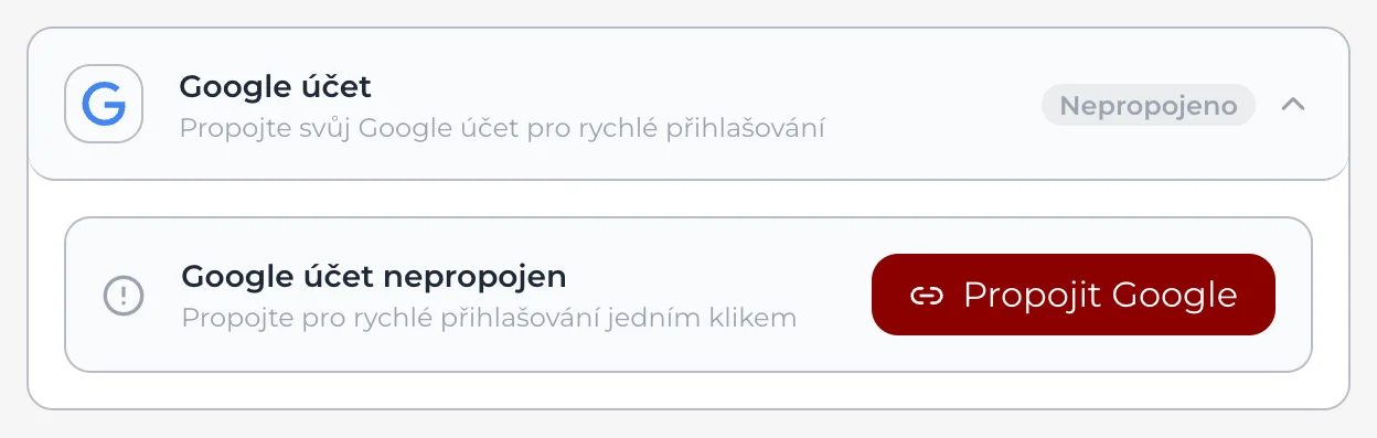 Nastavení, oddíl Integrace: karta Google účet se stavem Nepropojeno a tlačítkem pro propojení účtu.