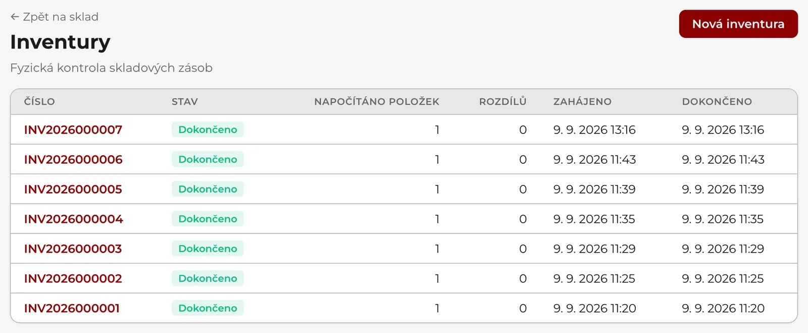 Inventury: tlačítko Nová inventura a seznam inventur s číslem, stavem, počtem napočítaných položek, rozdíly a daty zahájení a dokončení.