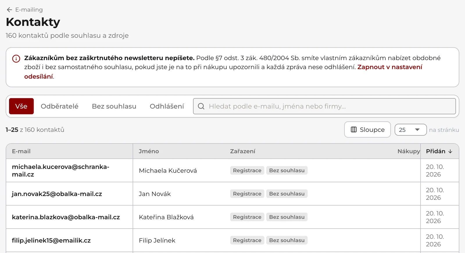 E-mailing, Kontakty: upozornění na zákazníky bez zaškrtnutého newsletteru, přepínač Vše, Odběratelé, Bez souhlasu a Odhlášení, hledání a tabulka kontaktů s e-mailem, jménem, zařazením, nákupy a datem přidání.