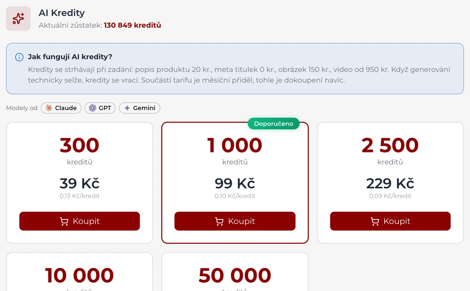 Nastavení, oddíl Obchod s kredity: aktuální zůstatek AI kreditů, vysvětlení, kdy se kredity strhávají, a balíčky kreditů s tlačítkem Koupit.