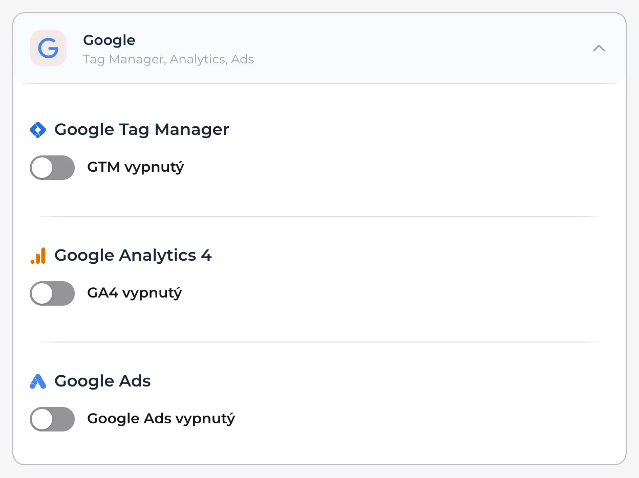 Nastavení, oddíl Marketing a měření: rozbalená skupina Google s přepínači Google Tag Manager, Google Analytics 4 a Google Ads.