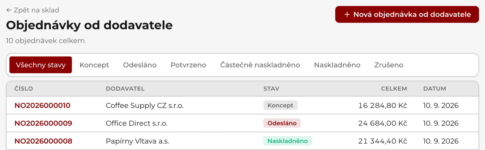 Objednávky od dodavatele: tlačítko Nová objednávka od dodavatele, filtr stavu a seznam objednávek se stavy Koncept, Odesláno a Naskladněno.