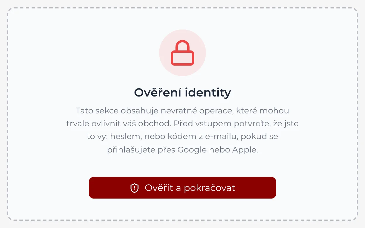 Nastavení, oddíl Nebezpečná zóna: než se ukážou karty s akcemi, chce oddíl ověřit, že jste to vy (heslem, nebo kódem z e-mailu), tlačítkem Ověřit a pokračovat.