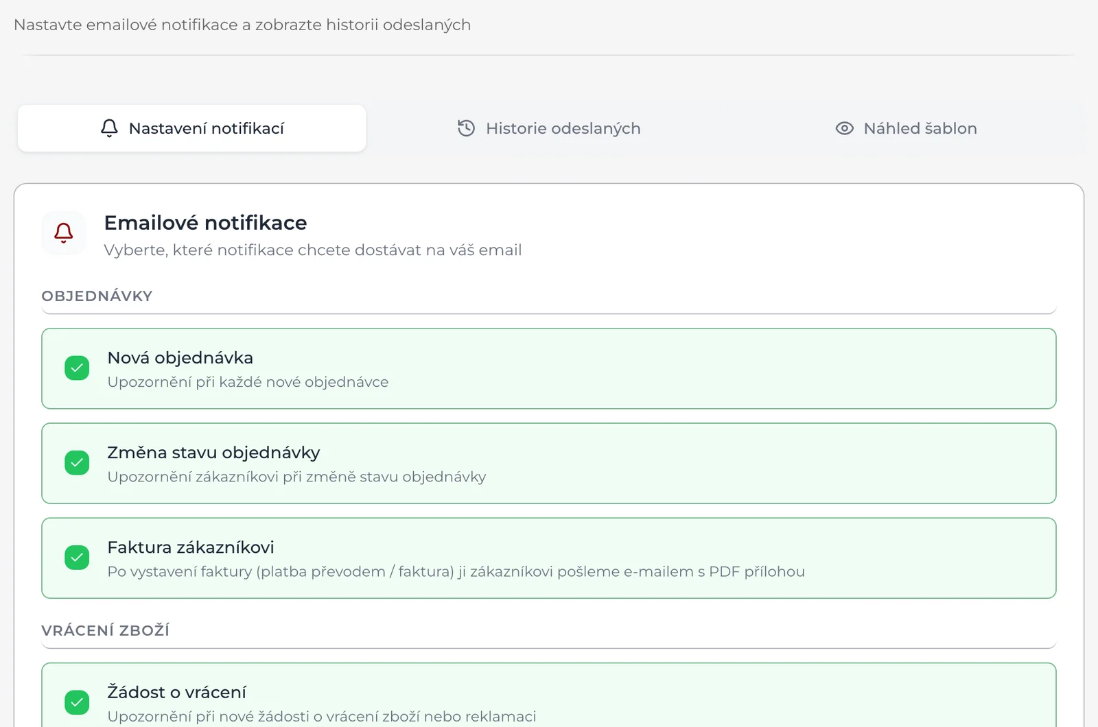 Nastavení, oddíl Notifikace: záložky Nastavení notifikací, Historie odeslaných a Náhled šablon a seznam Emailové notifikace s přepínači pro objednávky.