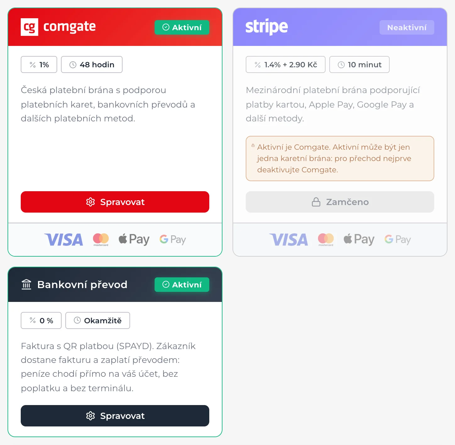 Nastavení, oddíl Platby: karty platebních bran Comgate a Stripe a bankovního převodu.