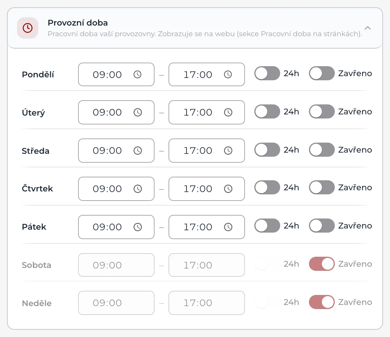Nastavení, oddíl Pracovní doba: karta Provozní doba s časem od a do pro každý den a volbami 24h a Zavřeno.