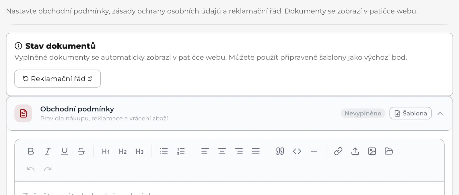 Nastavení, oddíl Právní: karta Stav dokumentů s rychlými odkazy a pod ní rozbalená karta Obchodní podmínky se štítkem Nevyplněno, tlačítkem Šablona a panelem nástrojů editoru.