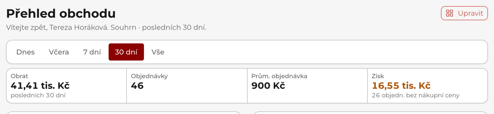 Přehled obchodu: lišta období s vybranou volbou 30 dní a pod ní pruh čísel Obrat, Objednávky, Prům. objednávka a Zisk.
