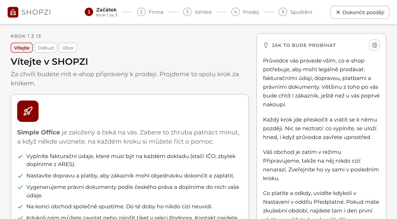 Průvodce nastavením obchodu: nahoře pět etap od Začátek po Spuštění, pod nimi Krok 1 z 13 s úvodním krokem Vítejte v SHOPZI a vpravo panel Jak to bude probíhat.