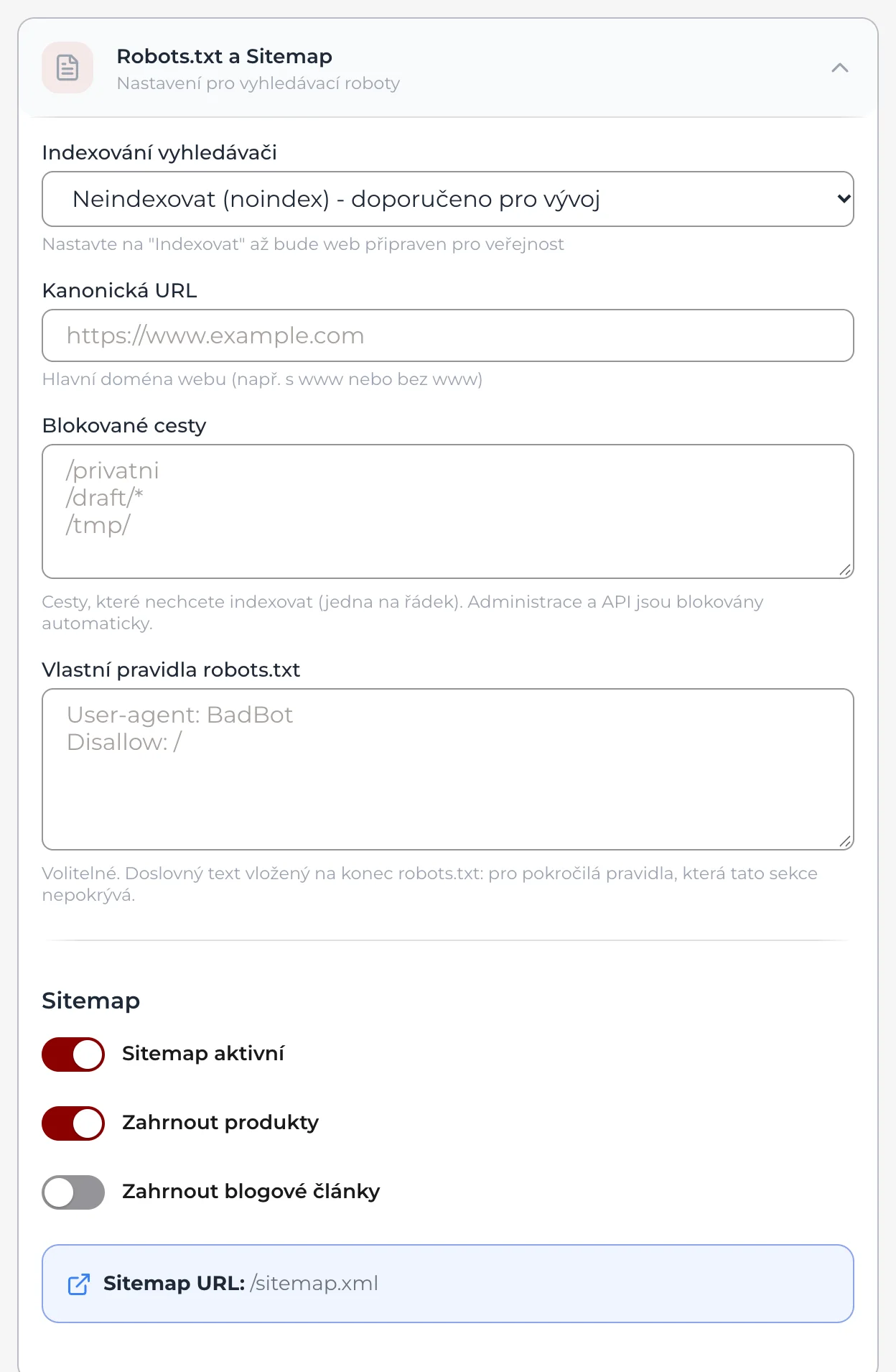 Nastavení, oddíl SEO: rozbalená sekce Robots.txt a Sitemap s volbou Indexování vyhledávači, kanonickou adresou, blokovanými cestami a přepínači sitemapy.