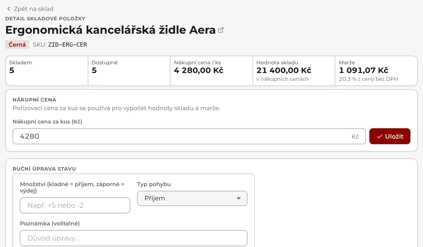 Detail skladové položky: čísla Skladem, Dostupné, Nákupní cena / ks, Hodnota skladu a Marže, karta Nákupní cena a karta Ruční úprava stavu.