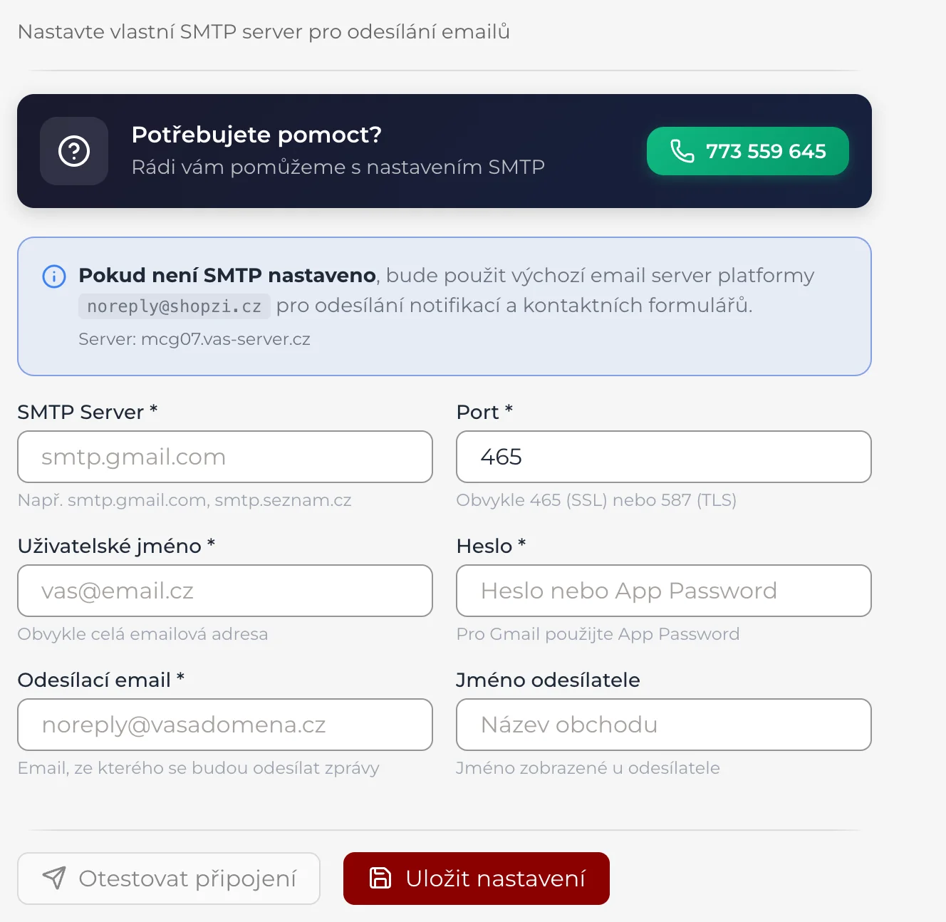 Nastavení, oddíl SMTP: pole SMTP server, port, zabezpečení, uživatel, heslo a odesílatel a tlačítka Otestovat připojení a Uložit nastavení.