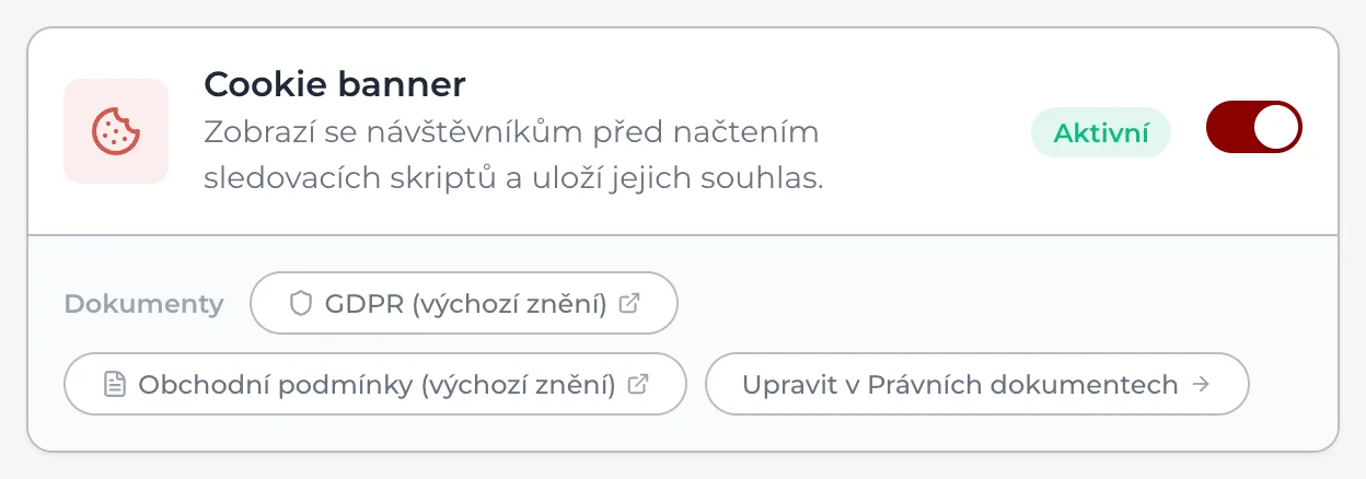 Nastavení, oddíl Soukromí: karta Cookie banner se štítkem Aktivní a přepínačem lišty, pod ní odkazy na GDPR a obchodní podmínky ve výchozím znění a tlačítko Upravit v Právních dokumentech.