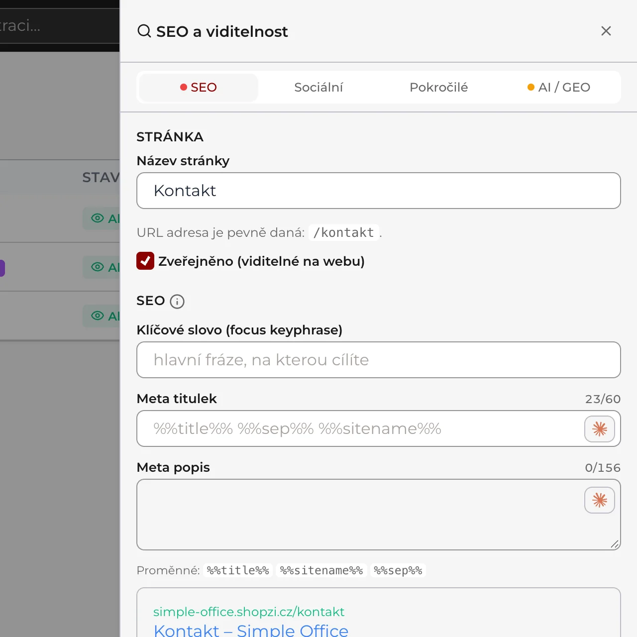 Panel SEO a viditelnost u stránky Kontakt: záložky SEO, Sociální, Pokročilé a AI / GEO, název stránky, zaškrtávátko Zveřejněno, klíčové slovo, meta titulek a popis a náhled ve vyhledávání.