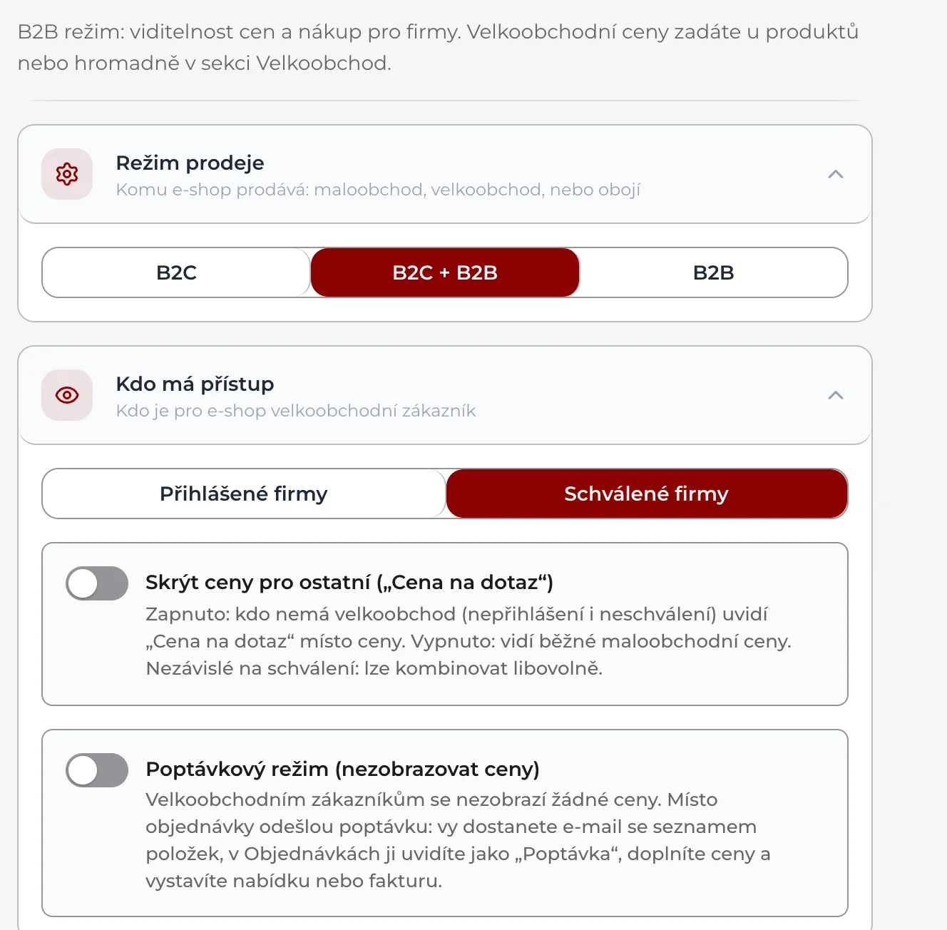 Nastavení, oddíl Velkoobchod: karta Režim prodeje s volbami B2C, B2C + B2B a B2B a karta Kdo má přístup.