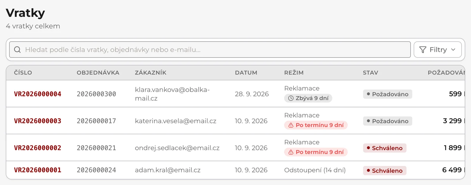Vratky: hledání, nabídka Filtry a seznam vratek s objednávkou, zákazníkem, režimem (reklamace se zbývajícími dny, nebo odstoupení) a stavem.