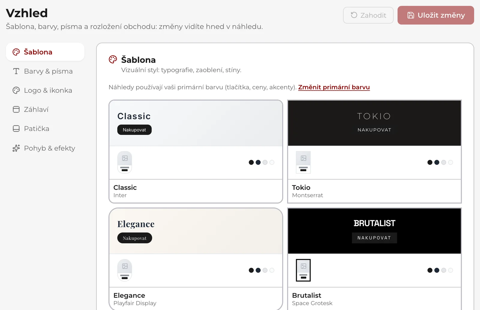 Vzhled: vlevo sekce Šablona, Barvy & písma, Logo & ikonka, Záhlaví, Patička a Pohyb & efekty, vedle dlaždice šablon s vybranou šablonou, nahoře tlačítka Zahodit a Uložit změny.