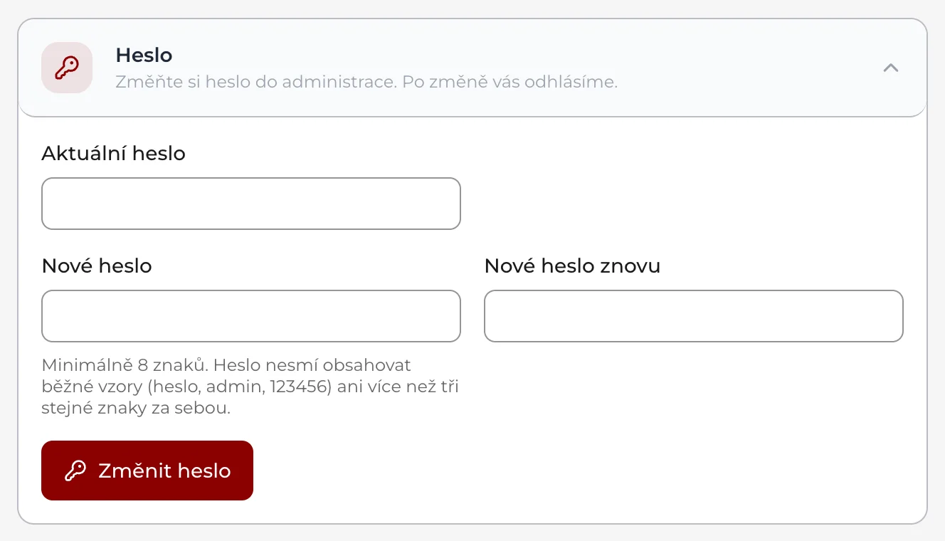 Nastavení, oddíl Zabezpečení: změna vlastního hesla s poli Aktuální heslo, Nové heslo a potvrzení a tlačítkem Změnit heslo.