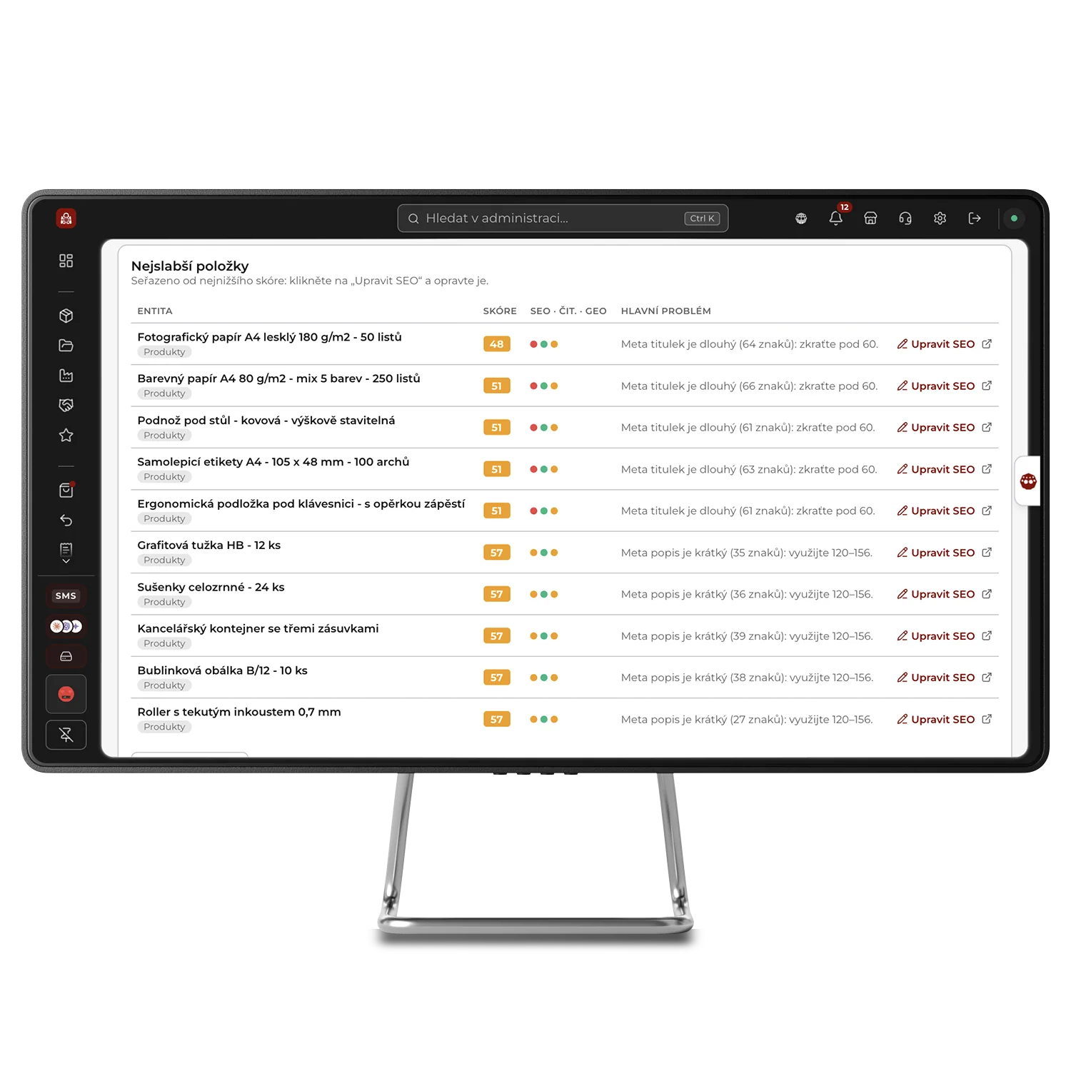 SEO analytika v administraci SHOPZI: nejslabší produkty katalogu, u každého skóre a hlavní problém, nejčastěji krátký meta popis nebo dlouhý meta titulek