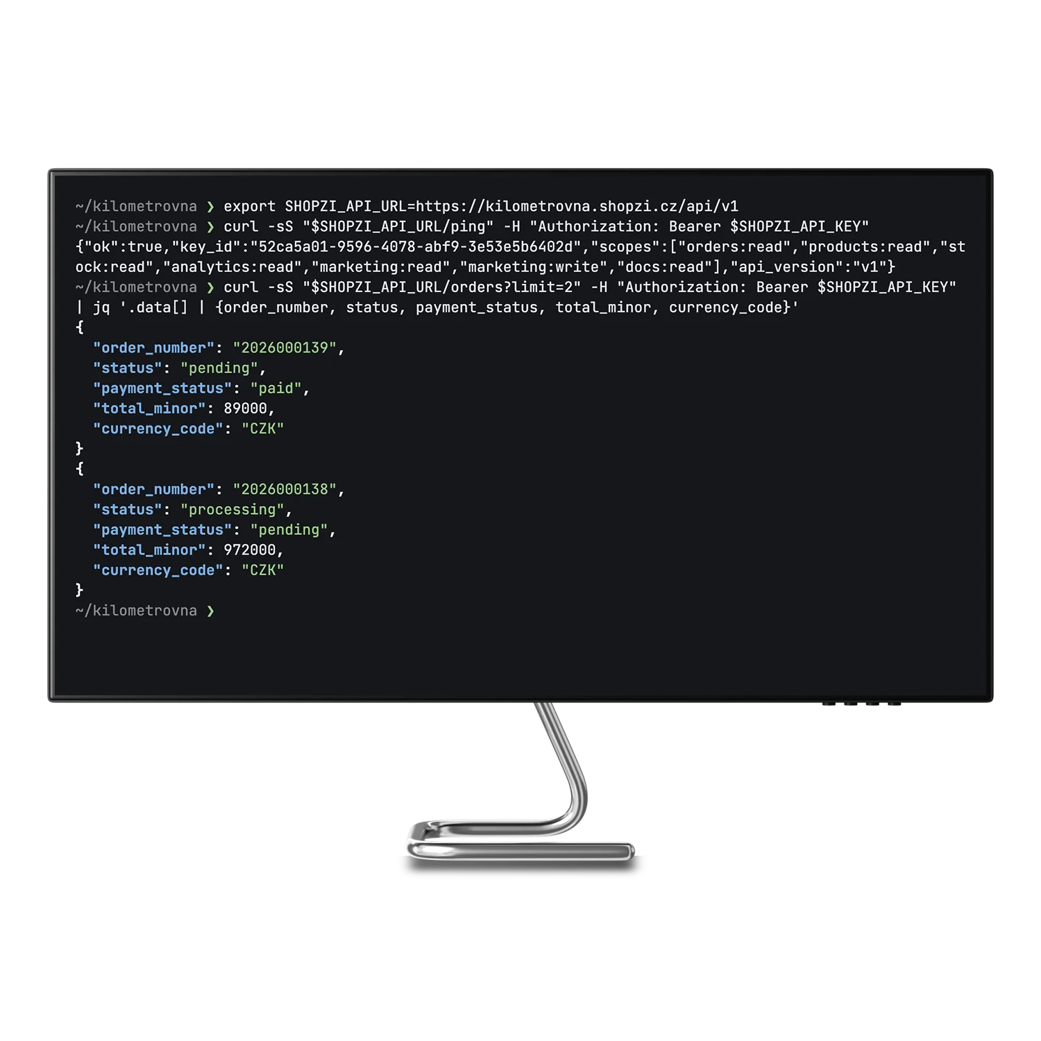REST API SHOPZI v terminálu: ověření klíče a poslední objednávky obchodu jako JSON