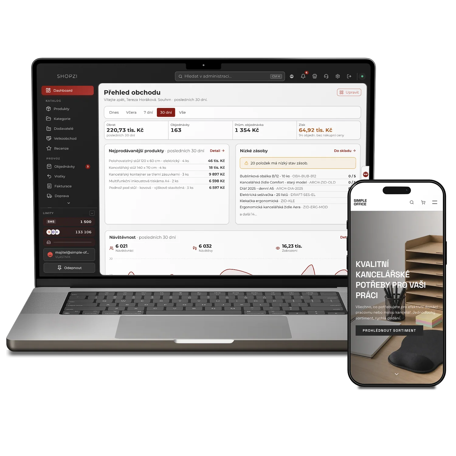 Administrace SHOPZI na notebooku a hotový e-shop v mobilu