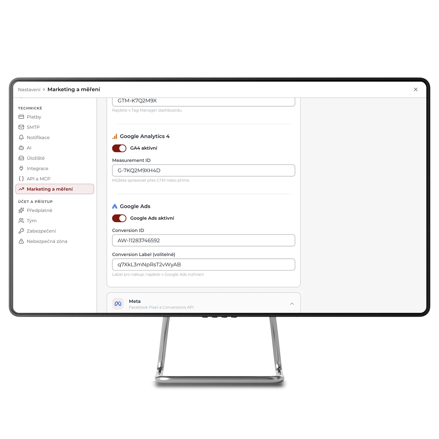 Nastavení měření v administraci SHOPZI: Google Analytics 4 zapnuté s měřicím ID