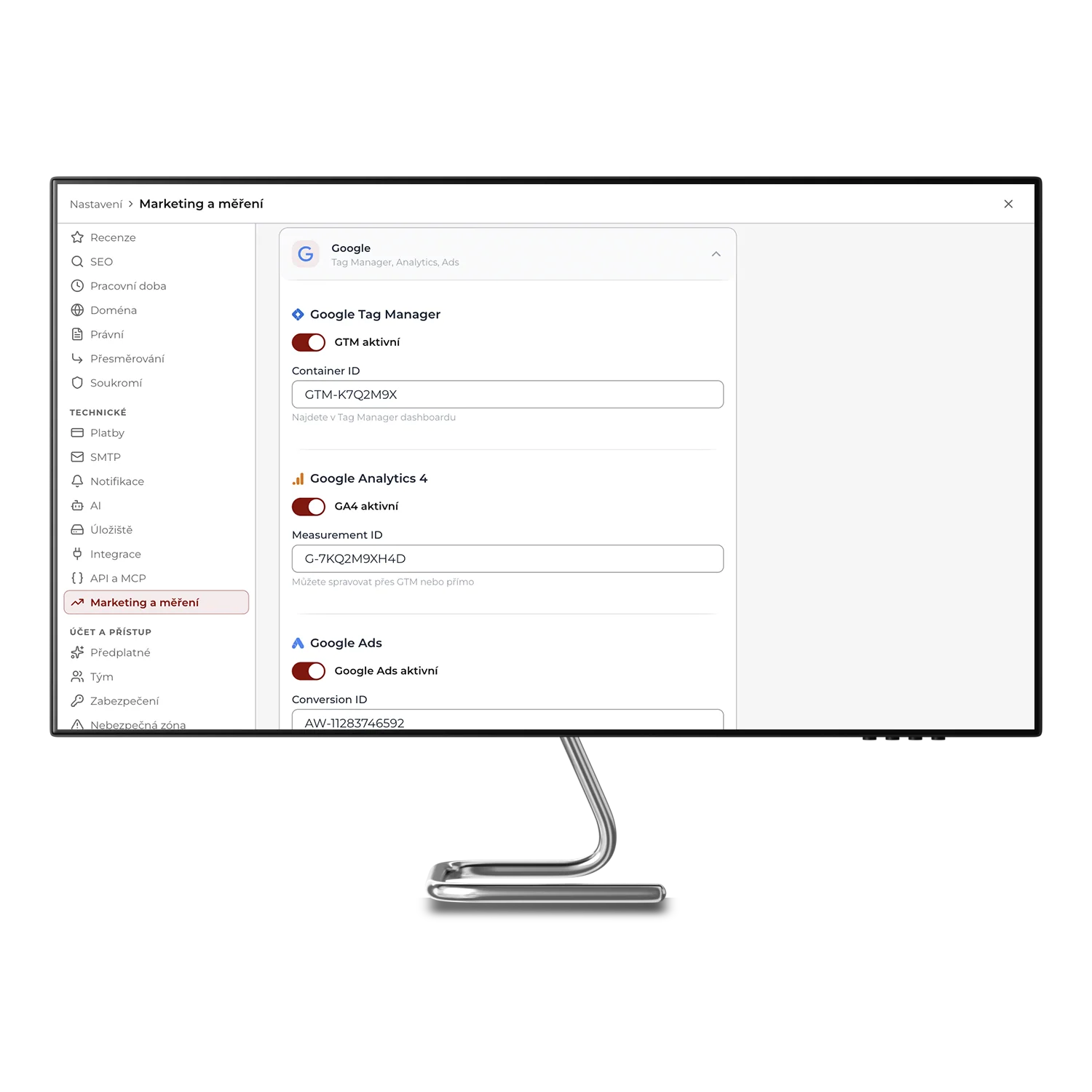 Nastavení měření v administraci SHOPZI: Google Tag Manager zapnutý s ID nádoby