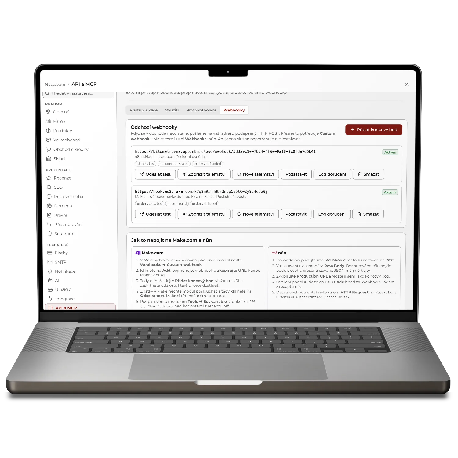 Webhooky v administraci SHOPZI: koncový bod pro Make s vybranými událostmi objednávek