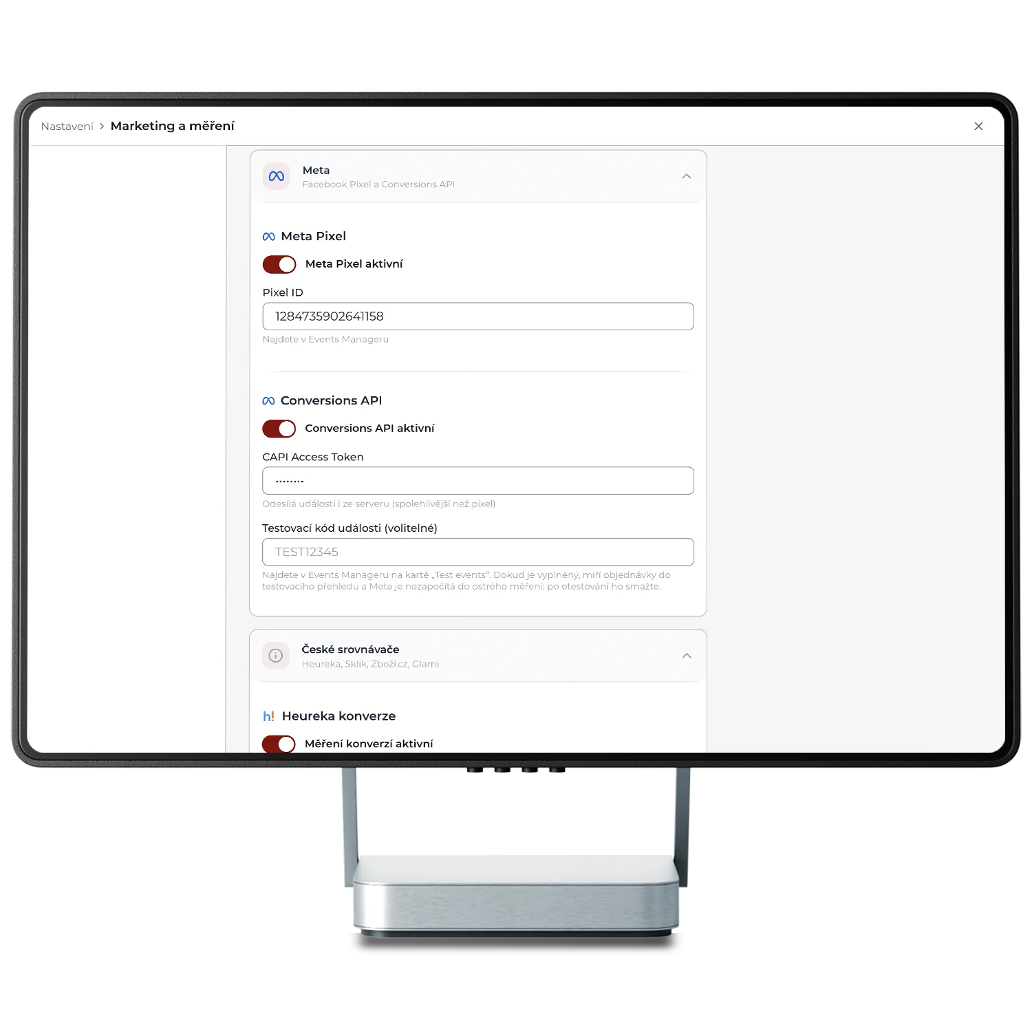 Nastavení měření v administraci SHOPZI: Meta Pixel a serverové Conversions API se skrytým tokenem