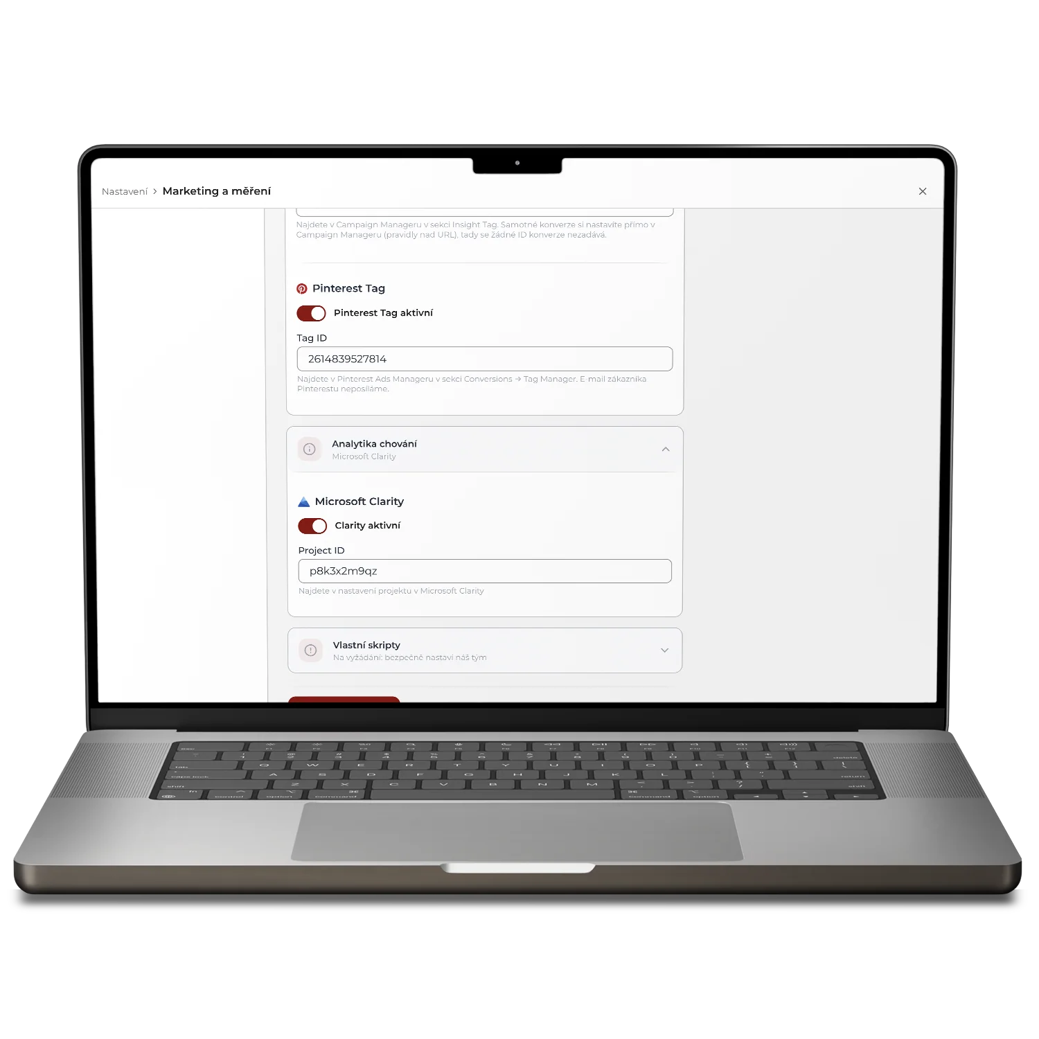 Nastavení měření v administraci SHOPZI: Pinterest Tag zapnutý s ID značky