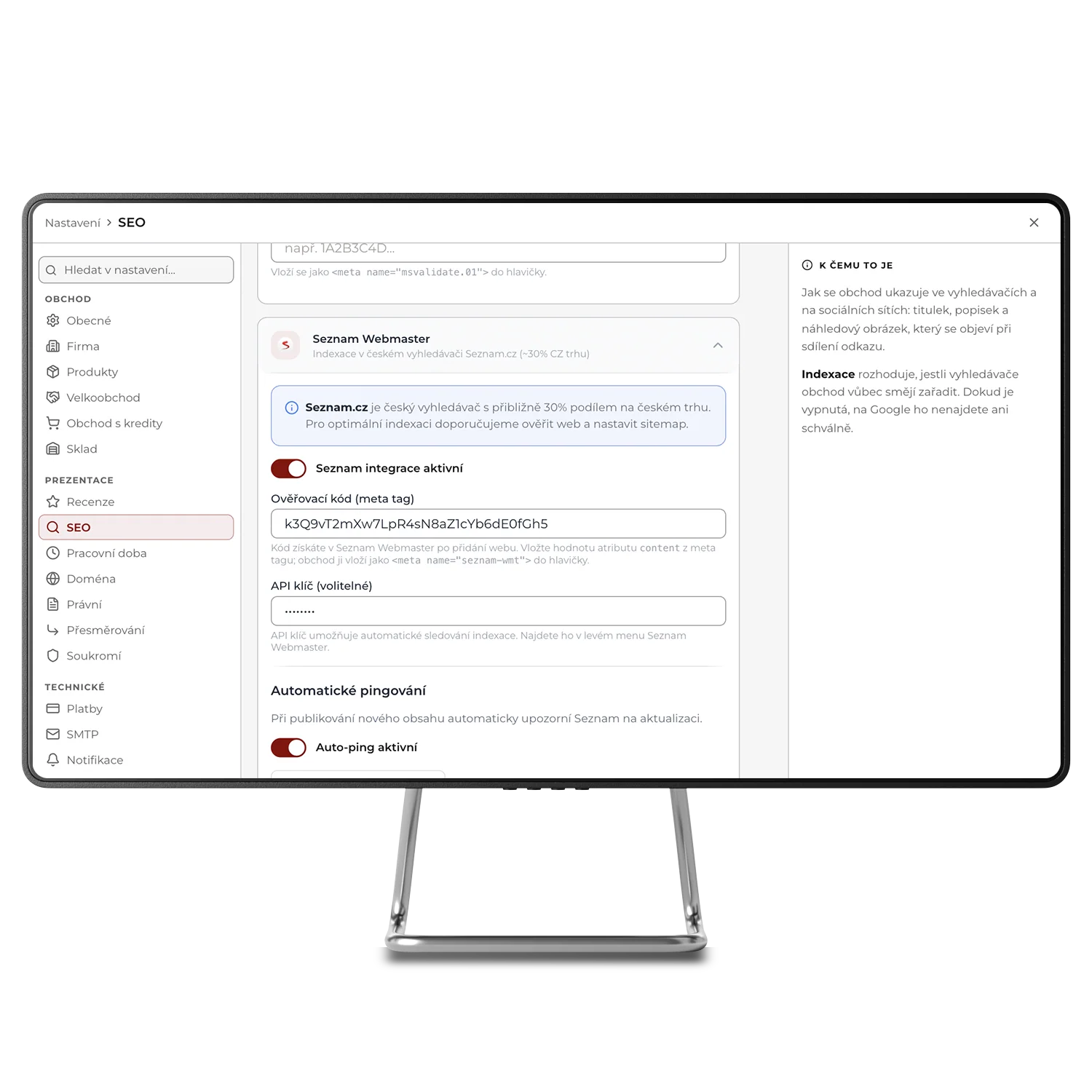 Seznam Webmaster v administraci SHOPZI: ověřovací kód a automatický ping při každé změně webu