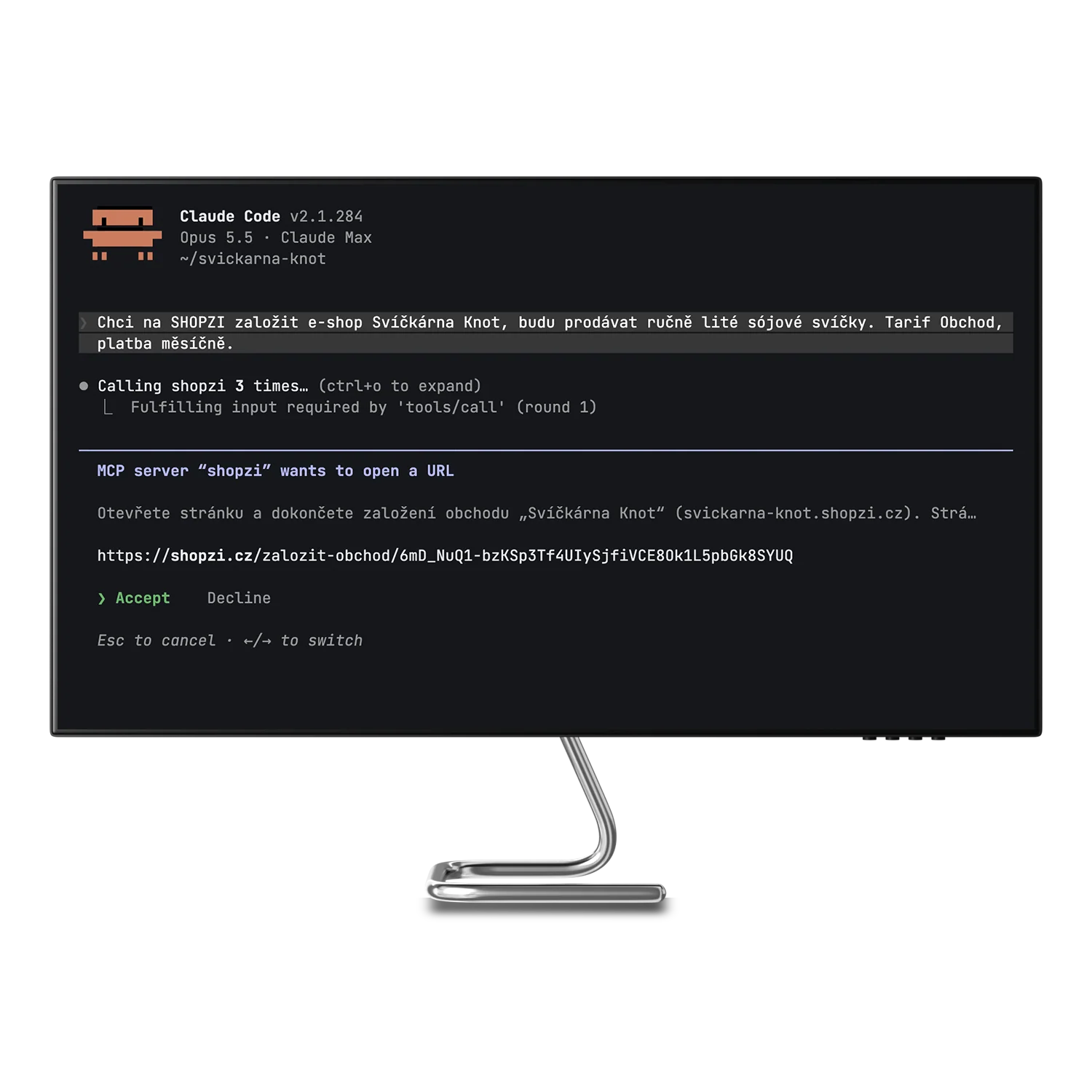 Claude Code zakládá nový e-shop přes MCP server SHOPZI: ověří subdoménu, založí koncept a vrátí odkaz s párovacím kódem