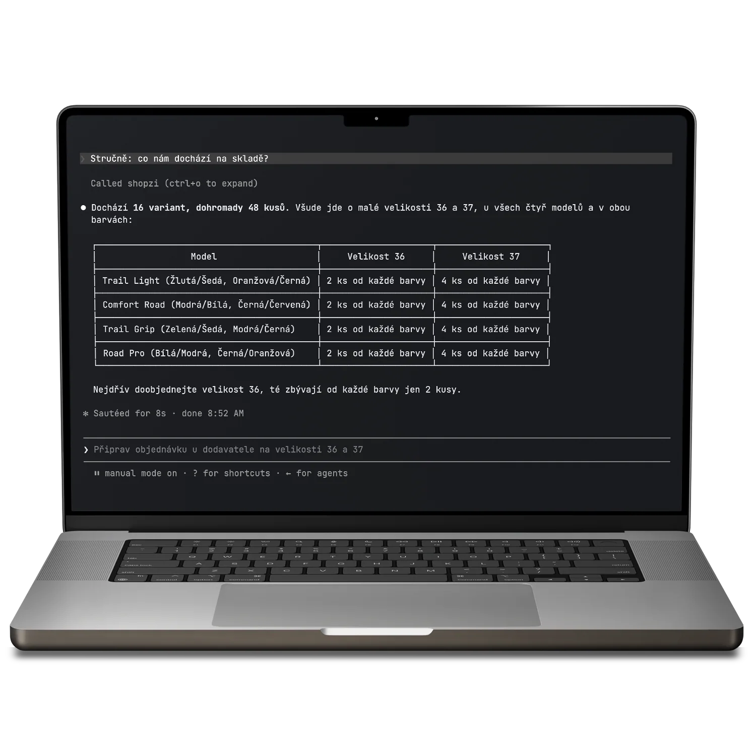 Claude Code v terminálu napojený na MCP server obchodu SHOPZI odpovídá, kterému zboží dochází sklad