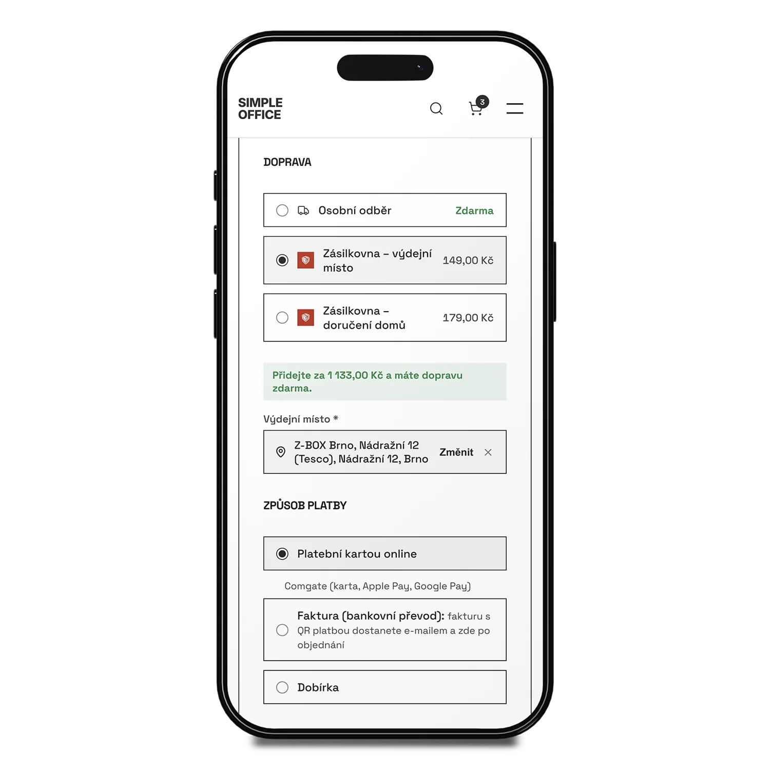 Pokladna e-shopu v mobilu: doprava Zásilkovnou s vybraným výdejním místem Z-BOX