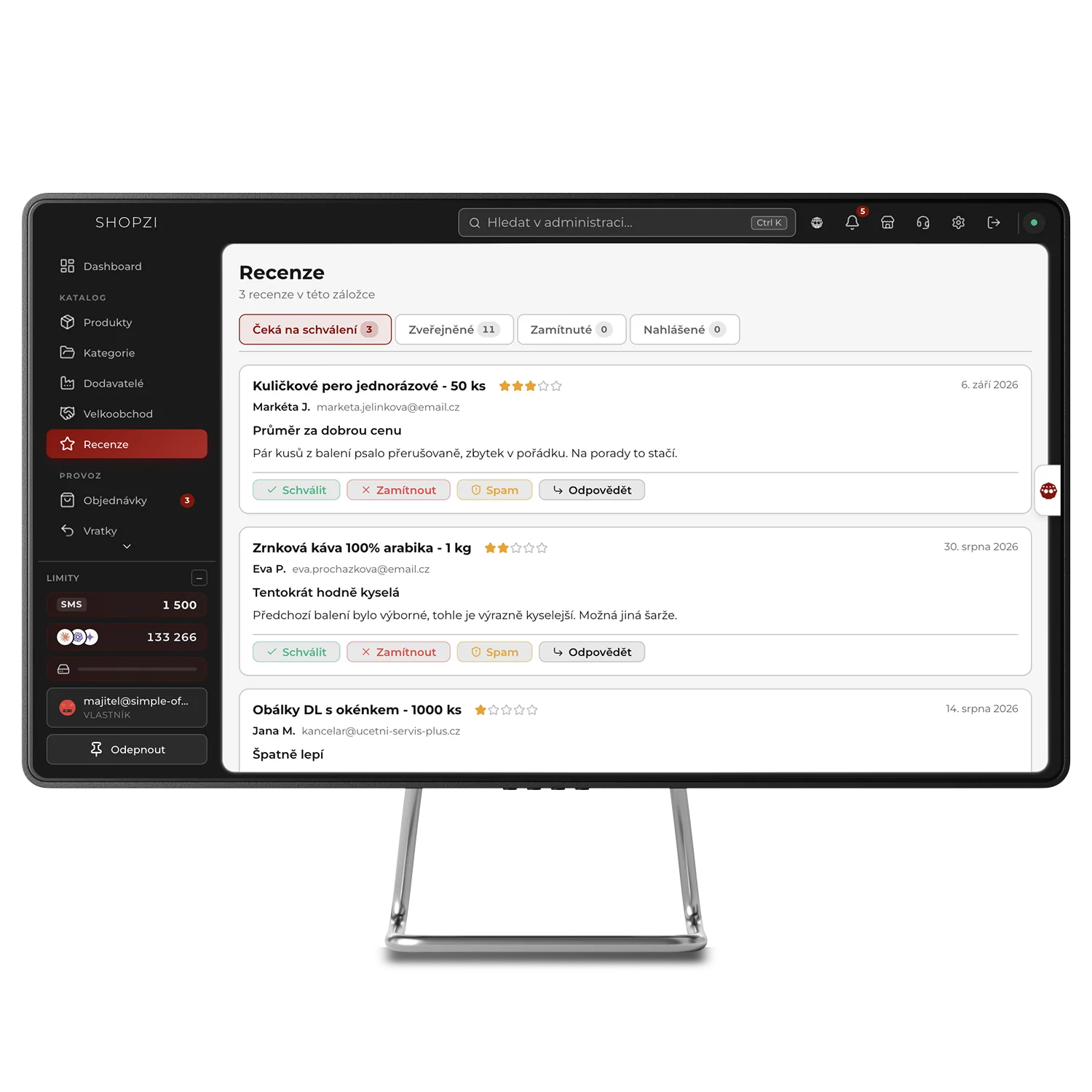 Hodnocení produktů v administraci SHOPZI čekající na schválení