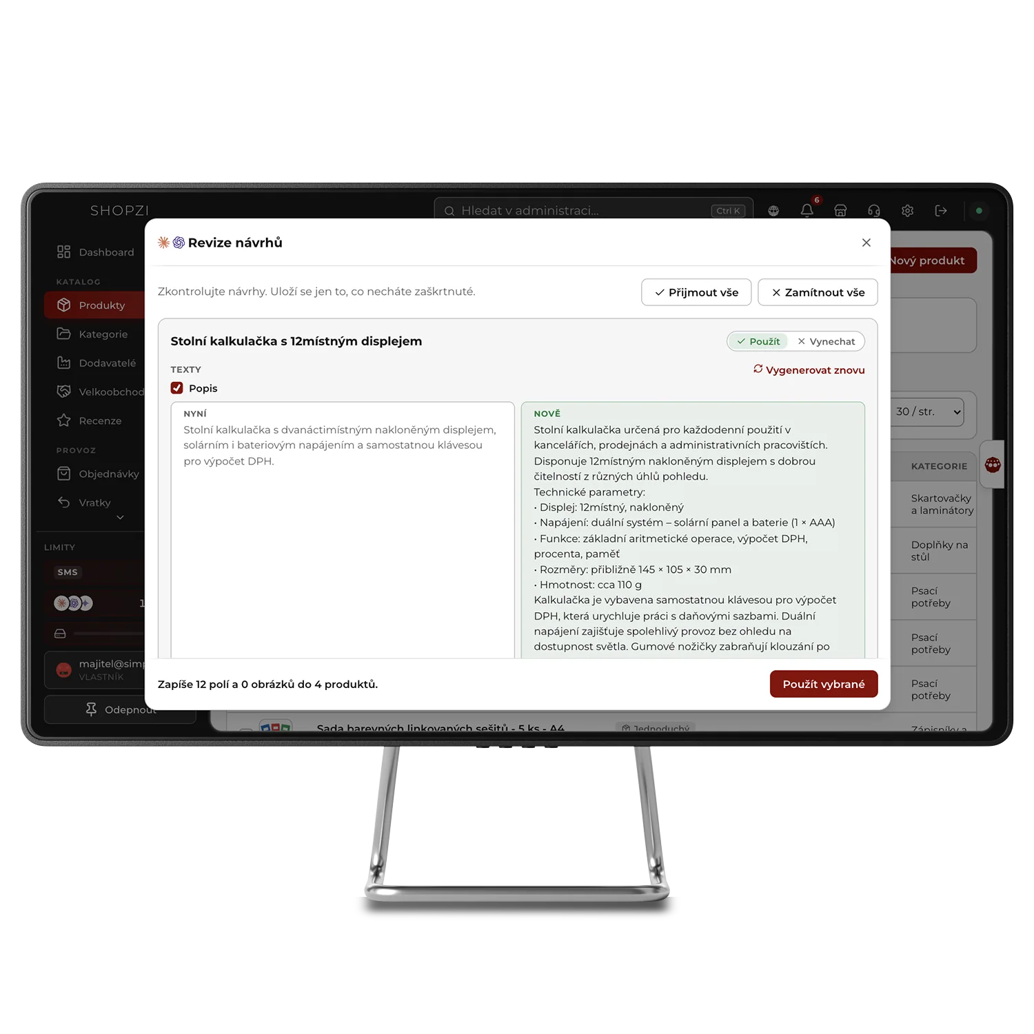 Agent v administraci SHOPZI navrhl nový popis produktu: dosavadní a nový text vedle sebe, zapíše se až po schválení