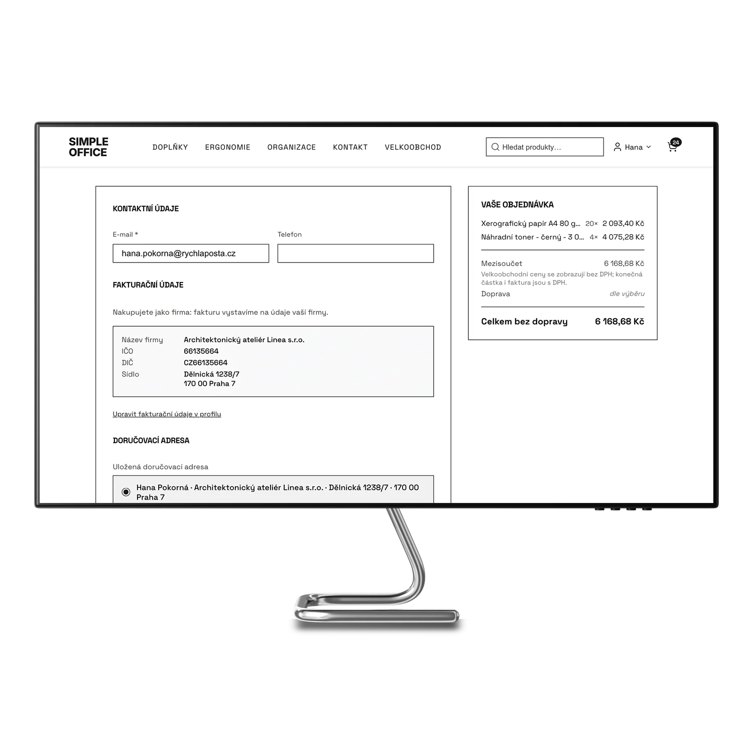Firemní pokladna e-shopu: údaje firmy s IČO a DIČ a velkoobchodní ceny bez DPH