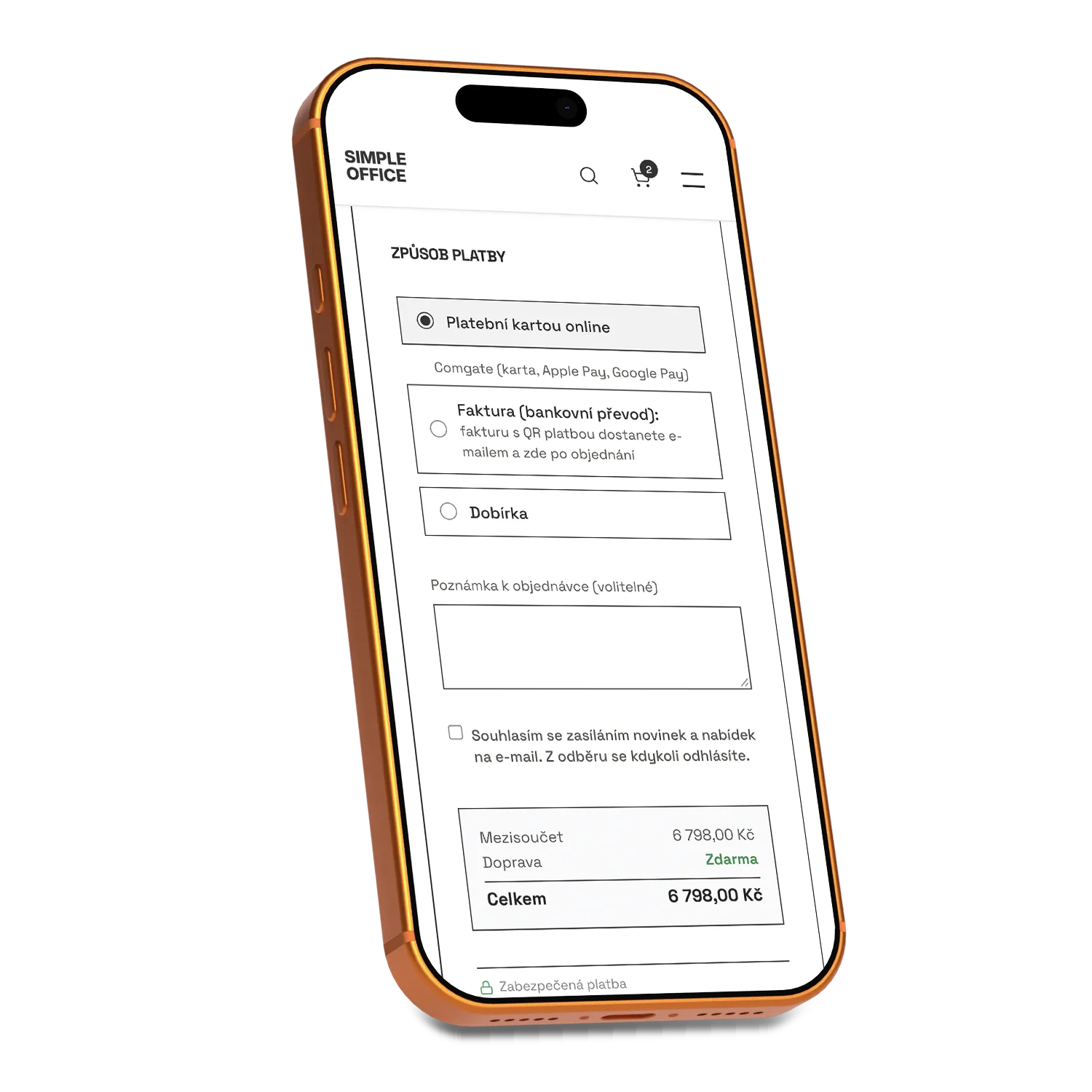 Pokladna e-shopu v mobilu: platba kartou, bankovním převodem s QR kódem nebo na dobírku