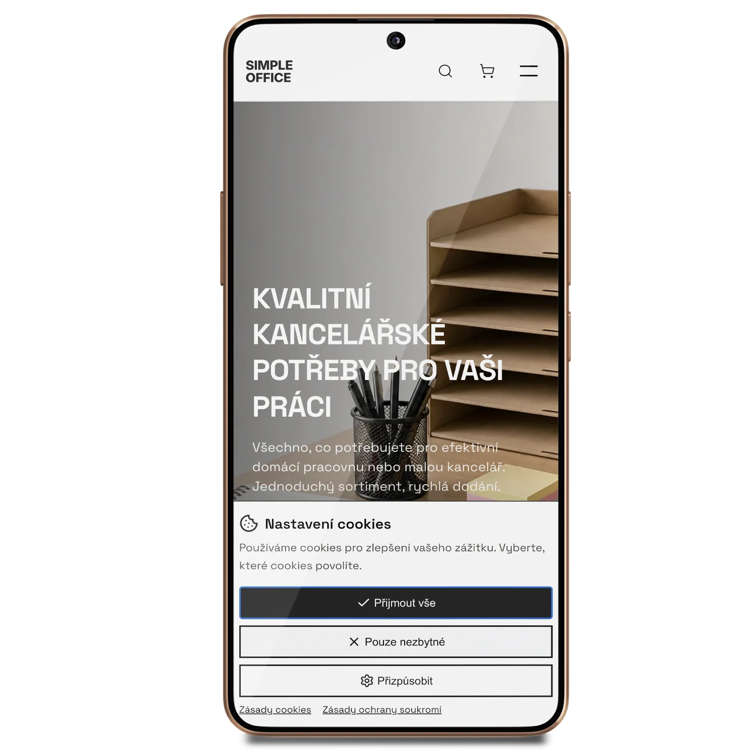 Lišta souhlasu s cookies na e-shopu v mobilu s volbou Pouze nezbytné