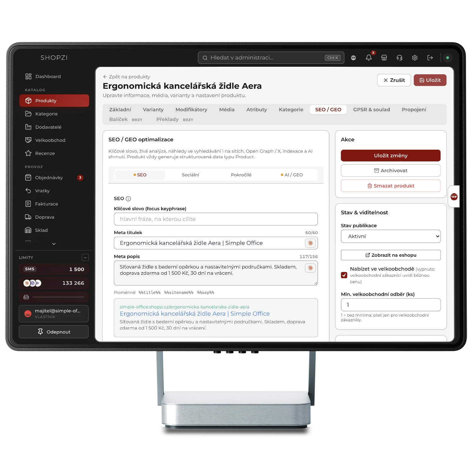 SEO produktu v administraci SHOPZI s náhledem výsledku ve vyhledávání a hodnocením textu